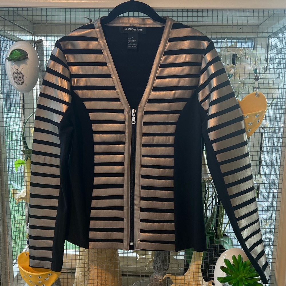 TW Designs Stretch Black and Gold Faux Leather Striped Jacket L
